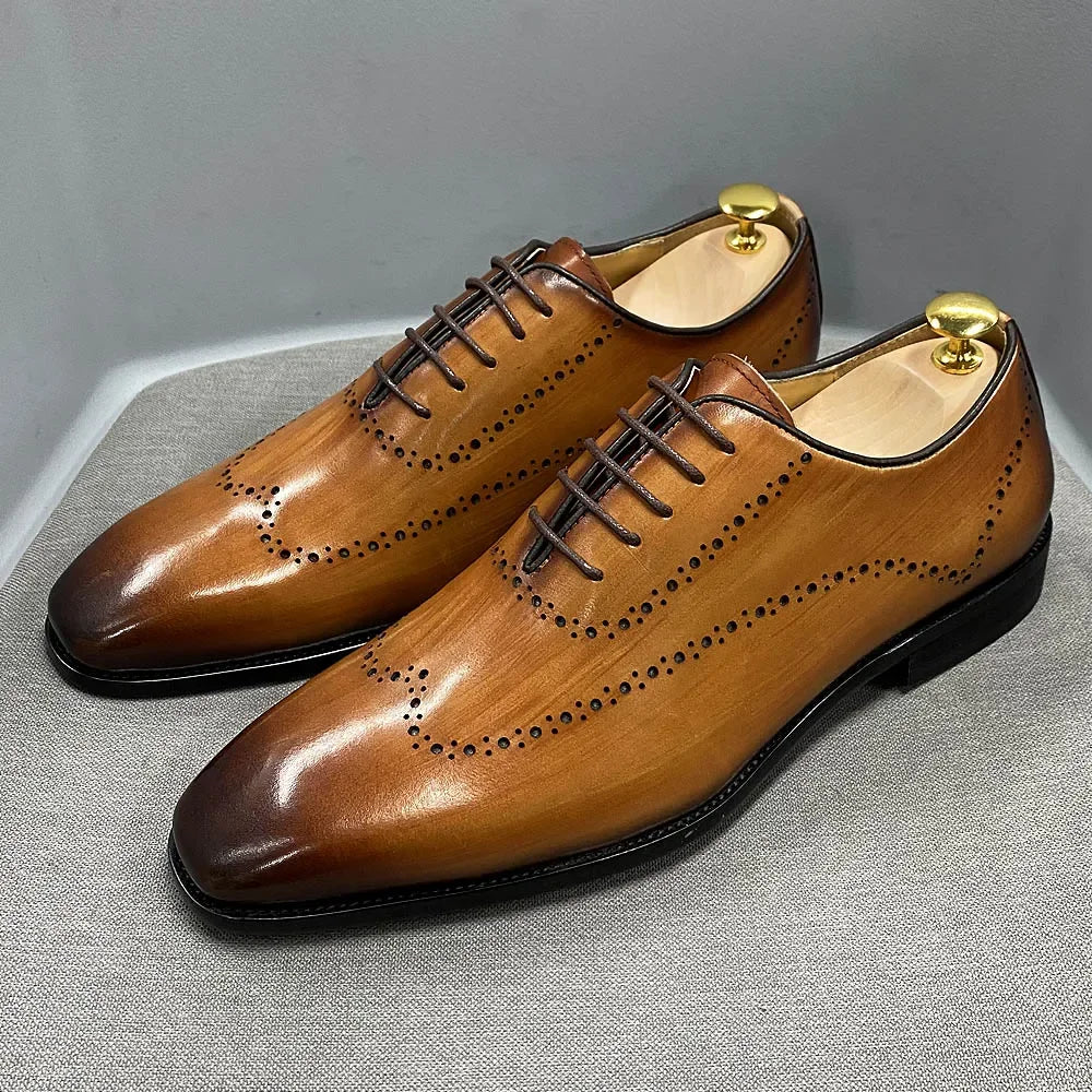 Mens Size 7-12 Oxford Shoes Wingtip Genuine Calf Leather Luxury Lace-Up Business Office Brogue Dress Shoes for Men